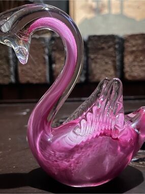 Pink Swirl Art Glass Swan Figurine